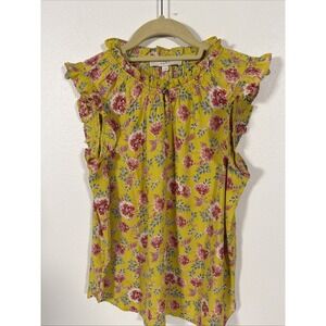 LOFT Women's Sleeveless Floral Ruffle Blouse Yellow Med F2